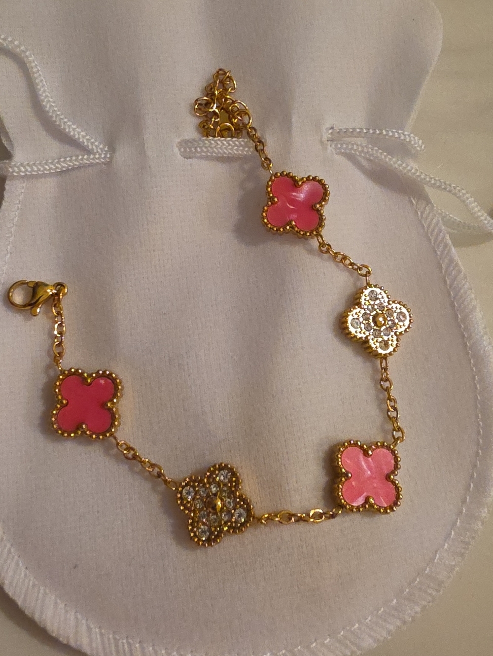 Gold-Tone Pink Clover Link Bracelet